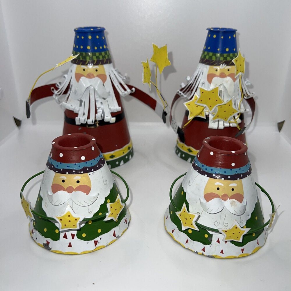 4 Vintage Christmas Cone-shaped Santa Metal Candle Holder Set Of‎ 4 w/Stars